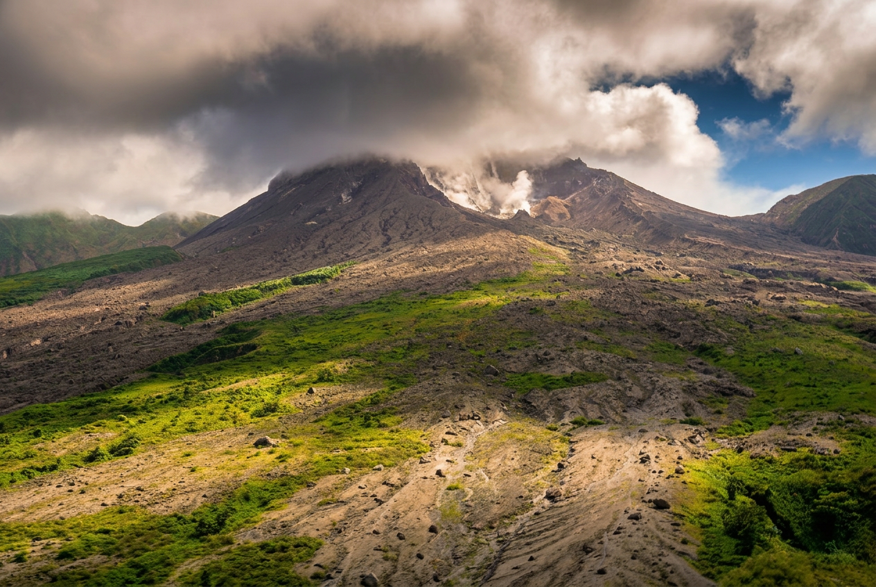 Soufrière Hills volcano steaming under cloud cover above the regrown pyroclastic flows, Montserrat