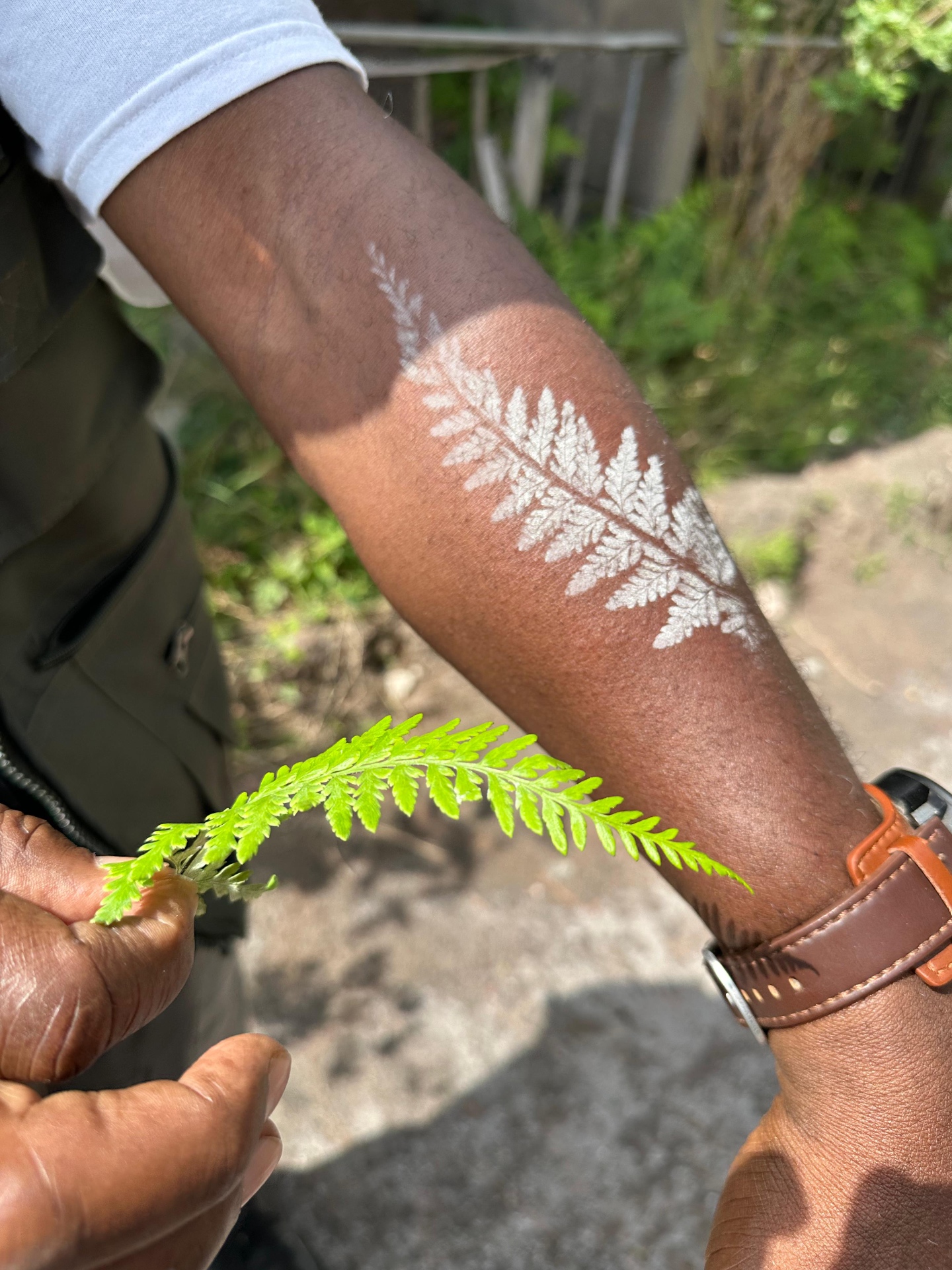 Silver fern print pressed onto skin