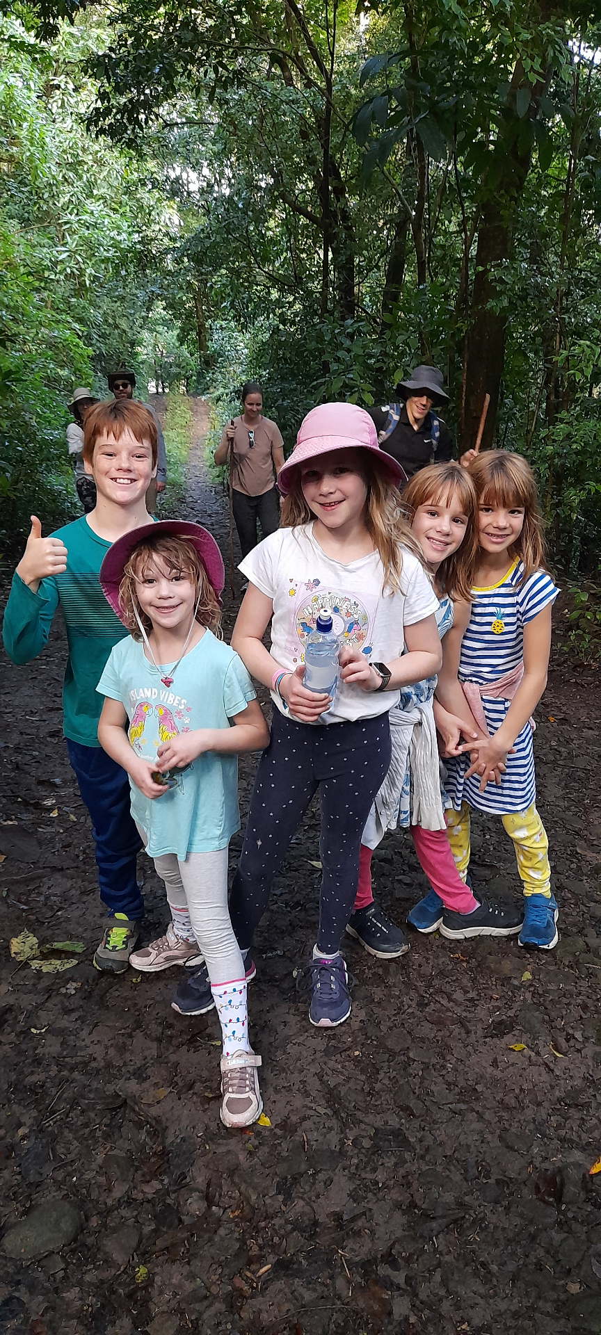 Young hikers on a rainforest trail with Scriber's crew